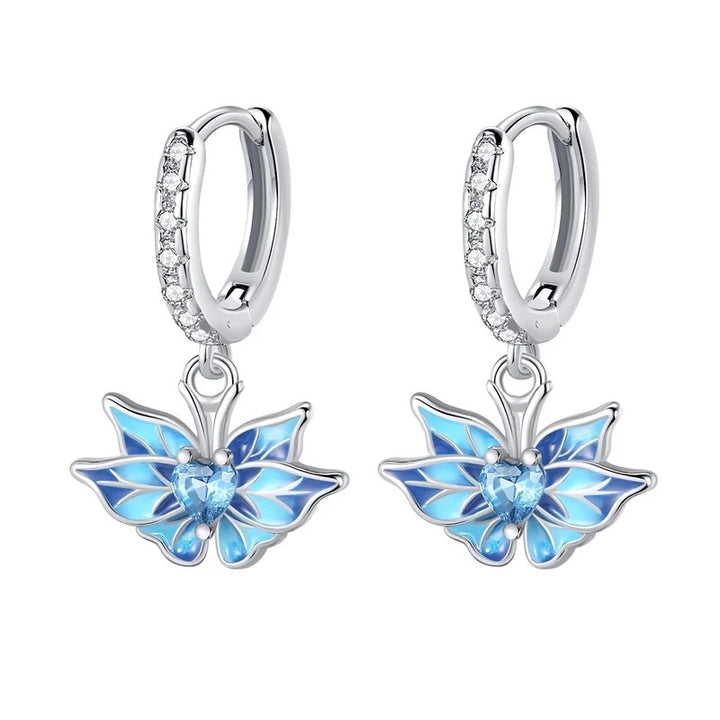 Silver Hoop Earrings with Butterfly and Zircon Heart