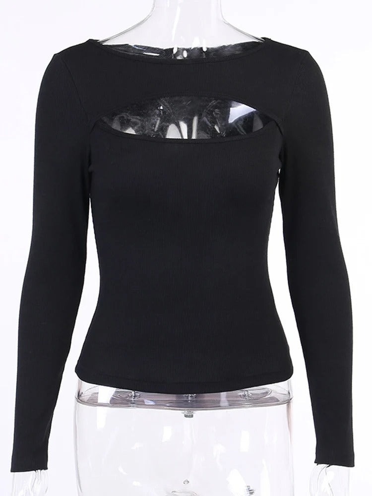 Black Long Sleeve T-Shirt with Cutouts