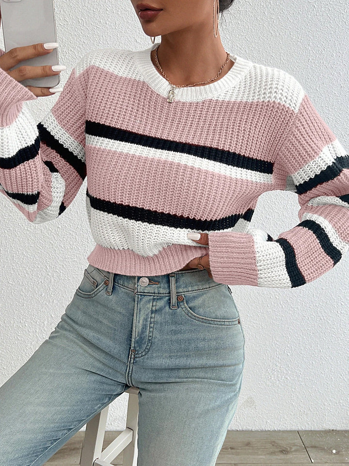 Pink Striped Round Neck Sweater