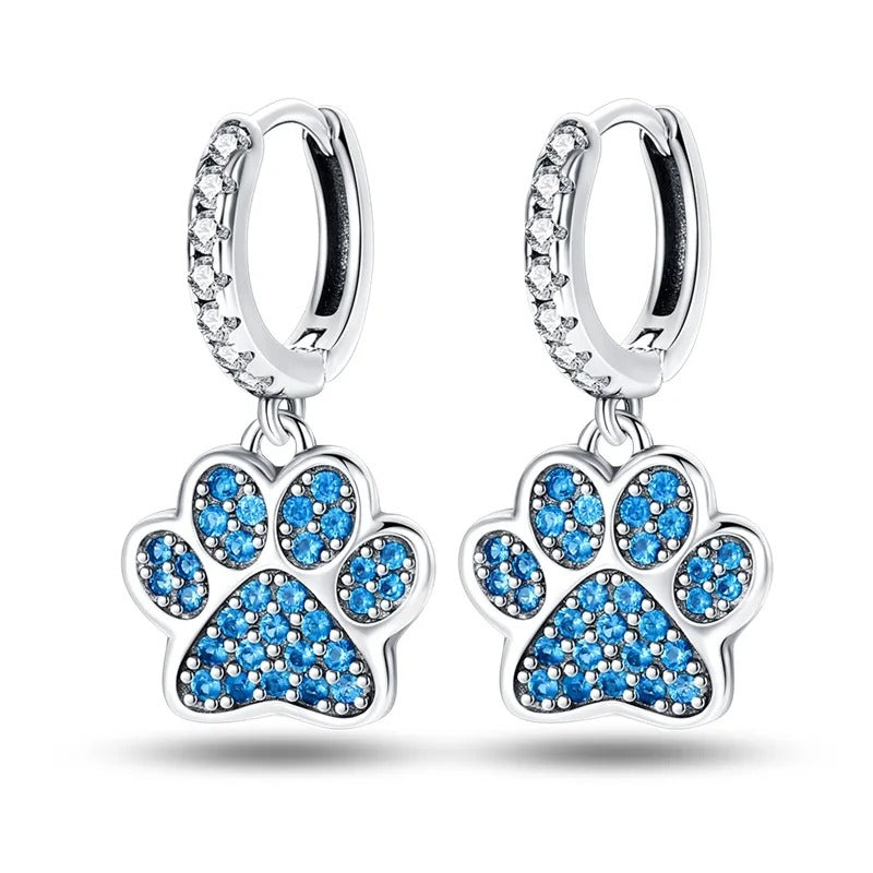 Silver Hoop Earrings with Blue Paw and Cubic Zirconia