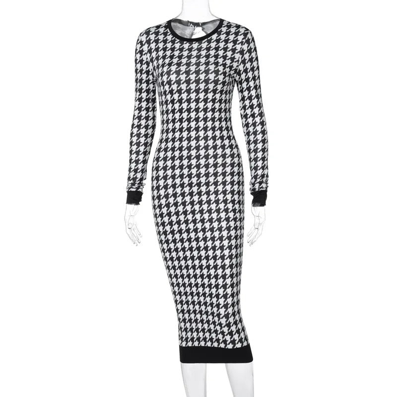 Black houndstooth midi dress