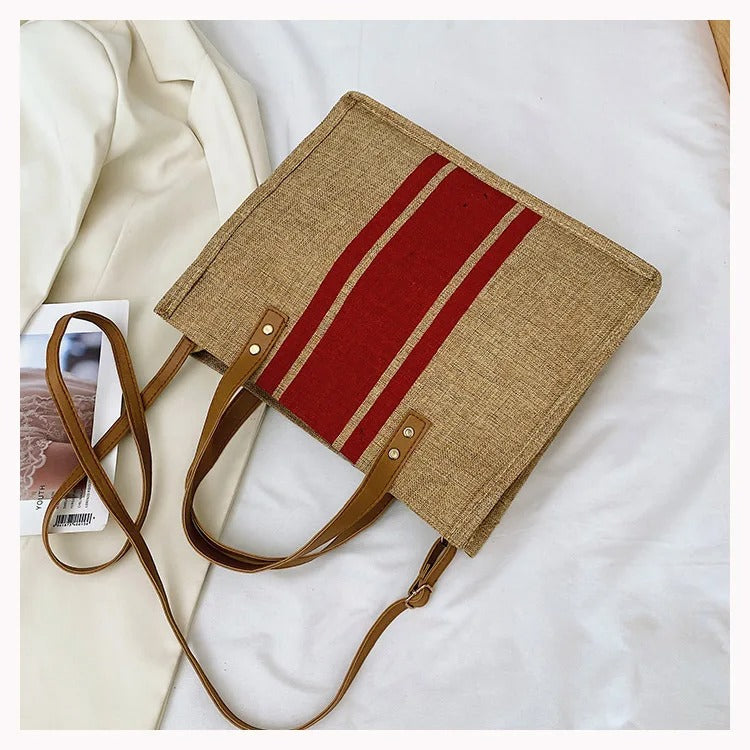 Red Striped Canvas Bucket Bag with Top Handle