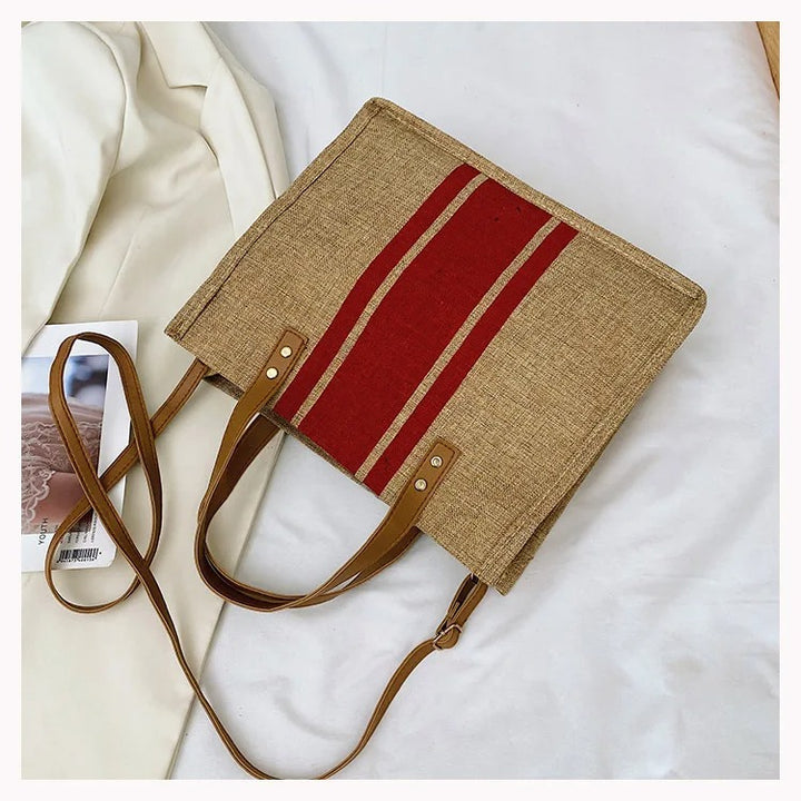 Red Striped Canvas Bucket Bag with Top Handle