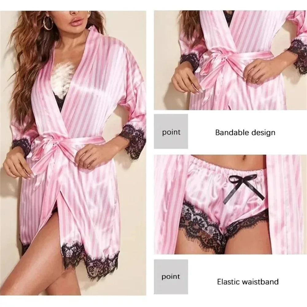 Pink Satin 4-Piece Lace Pajama Set with Robe