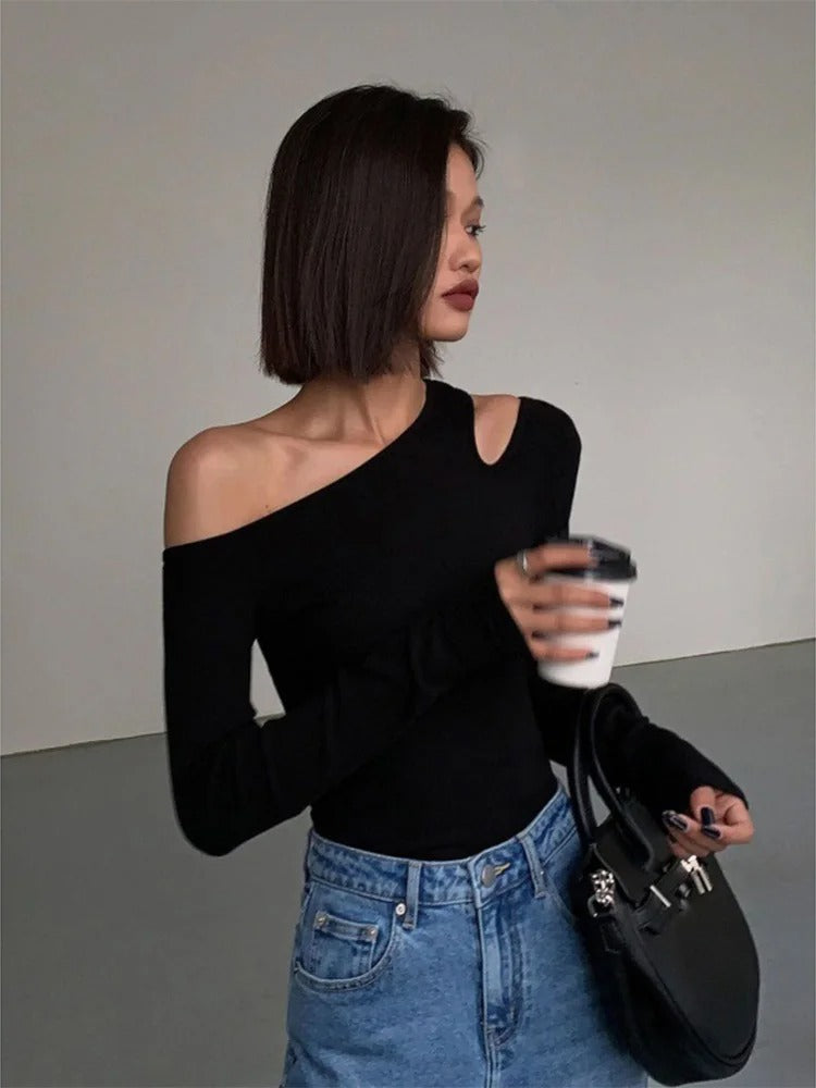 Black Off-Shoulder Long Sleeve Cutout T-Shirt