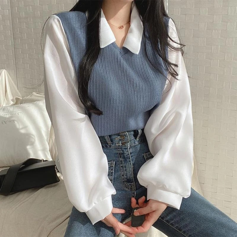 Blue Y2K Turndown Collar Shirt