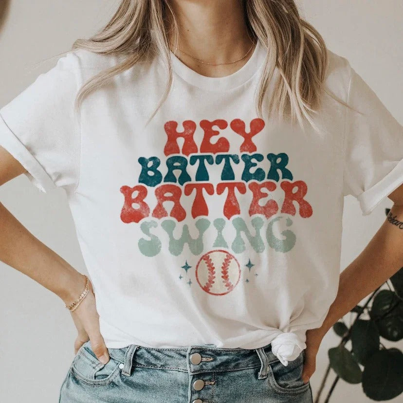 White T-shirt with Print Hey Batter Batter Swing