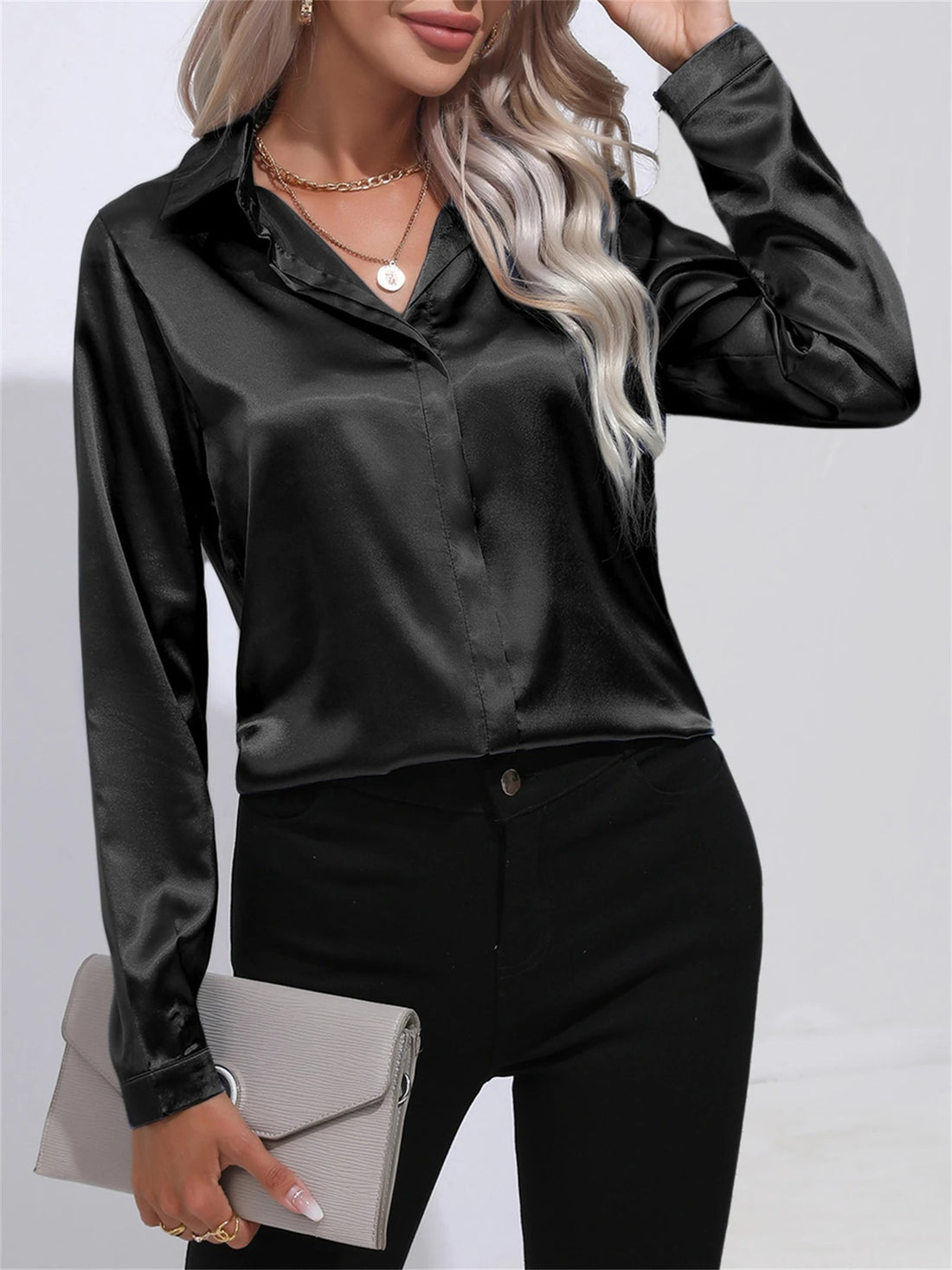 Black Satin Blouse with Collar and Button