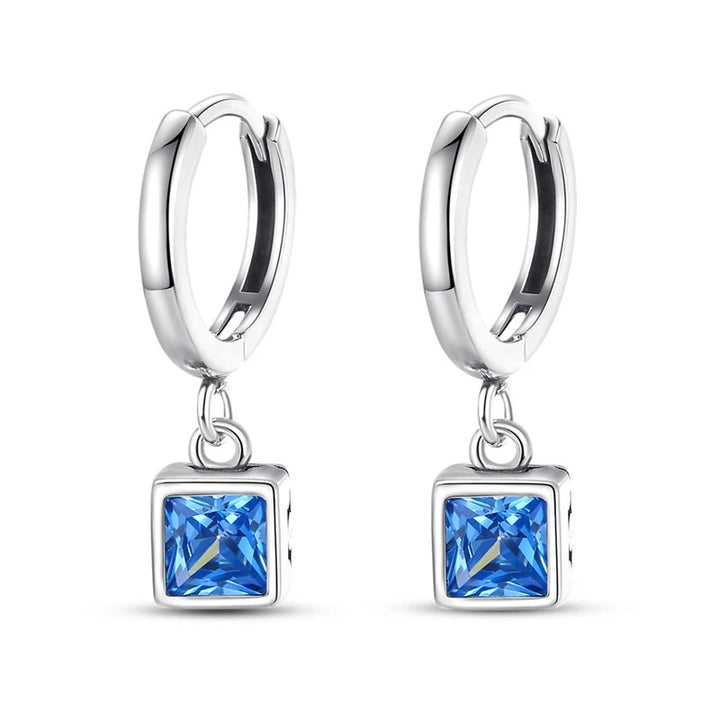 Silver Hoop Earrings with Square Blue Zircon