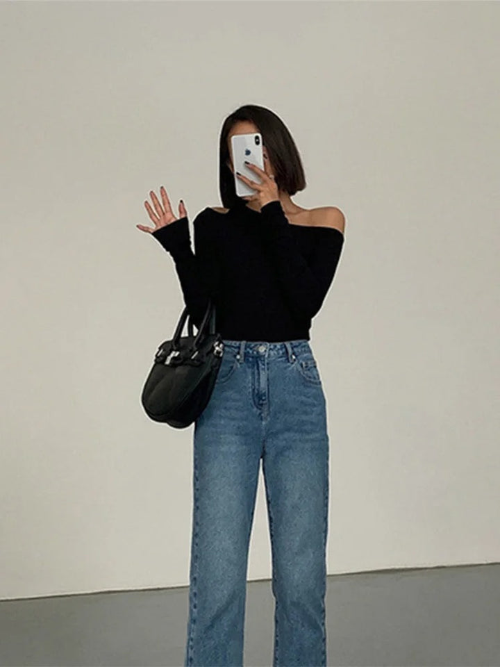 Black Off-Shoulder Long Sleeve Cutout T-Shirt