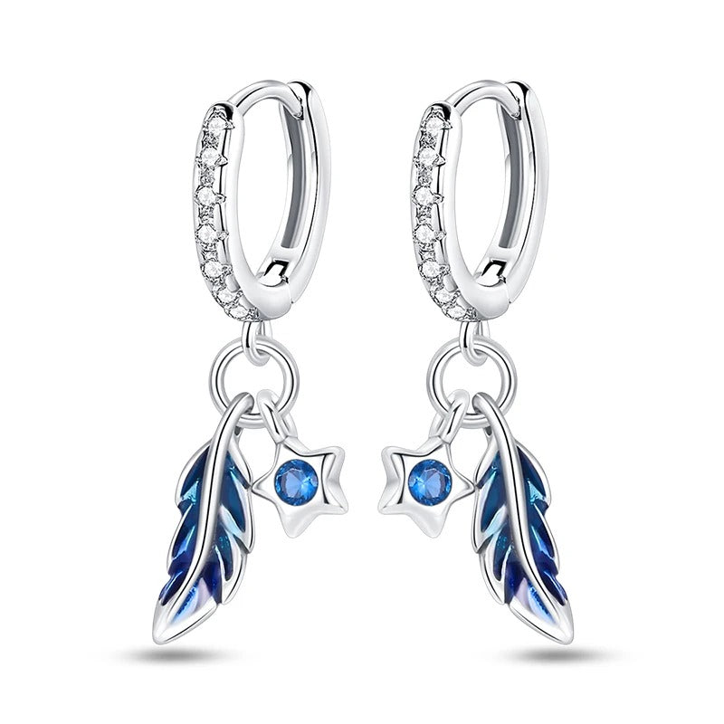 Silver Feather and Zircon Star Hoop Earrings