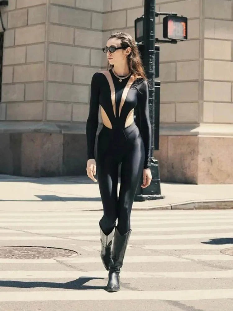 Black Mesh Patchwork Long Sleeve Jumpsuit