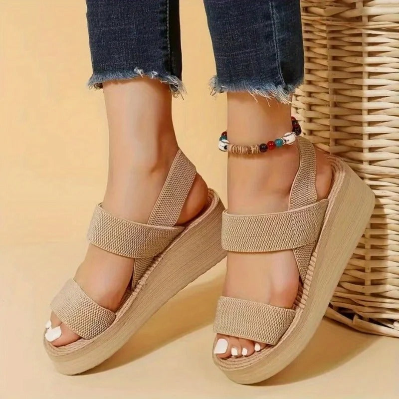 Khaki minimalist wedge sandals with ankle strap