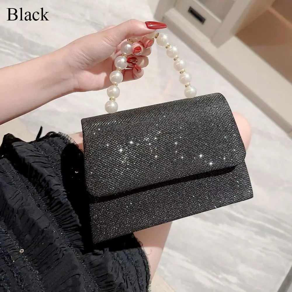 Evening Bag With Pearl Chain Black