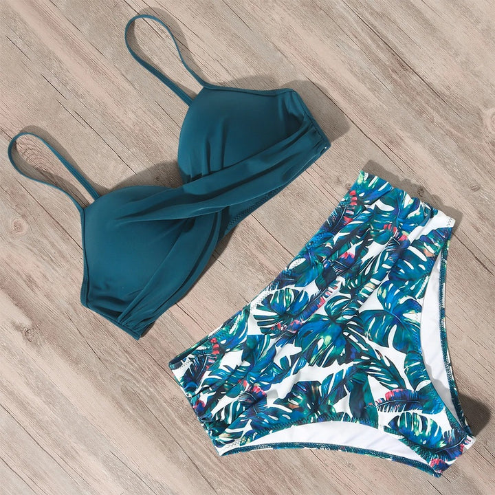 Petrol Tropical Print Push-Up Bikini