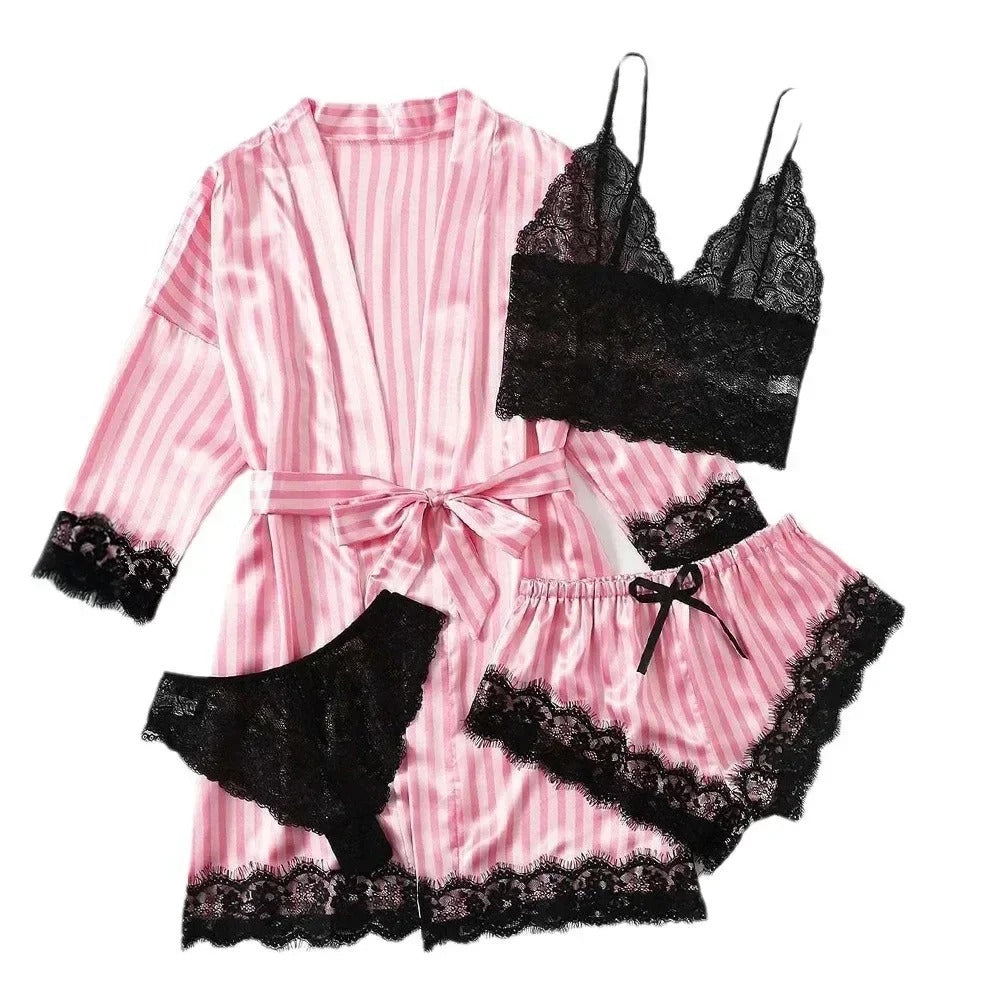 Pink Satin 4-Piece Lace Pajama Set with Robe