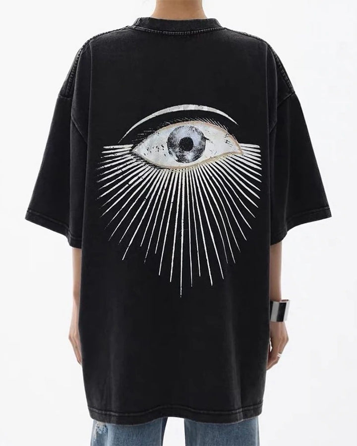 Czarny Oversize T-shirt Vintage z Motywem Oka