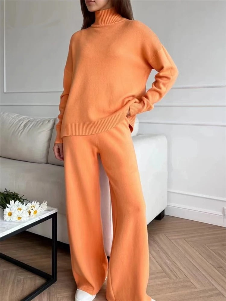 Orange Knitted Set with Turtleneck and Wide Leg Pants