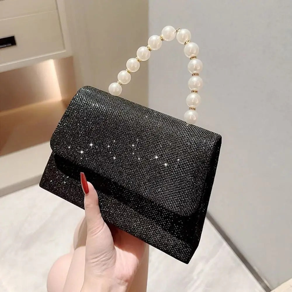 Evening Bag With Pearl Chain Black