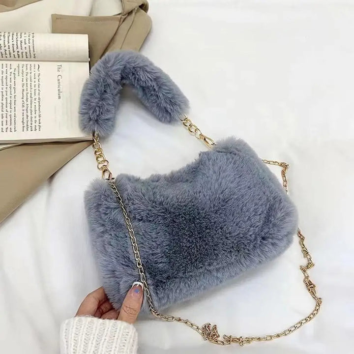 Gray Faux Fur Bag with Gold Chain