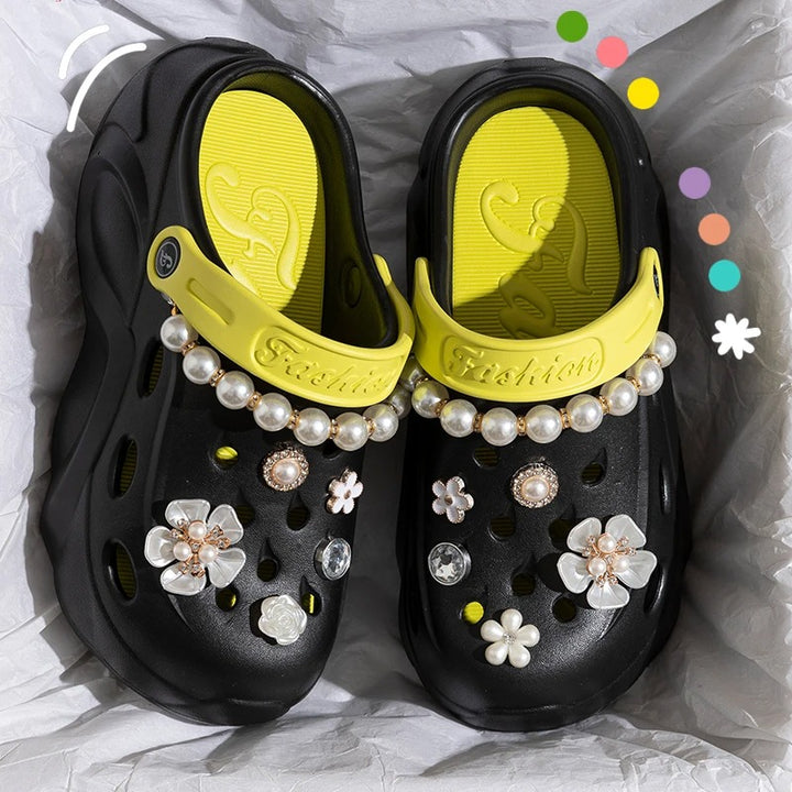 Black chunky sole sandals with back strap and pearl