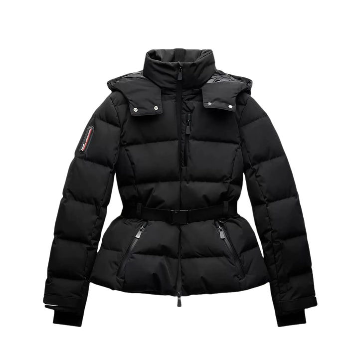 Black Down Jacket with Belt and Hood