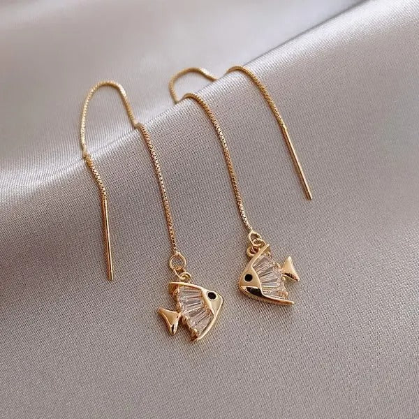 Gold Fish Motif Dangle Earrings Delicate Ocean Charm