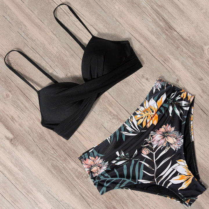 Black Floral High Waist Push-Up Bikini