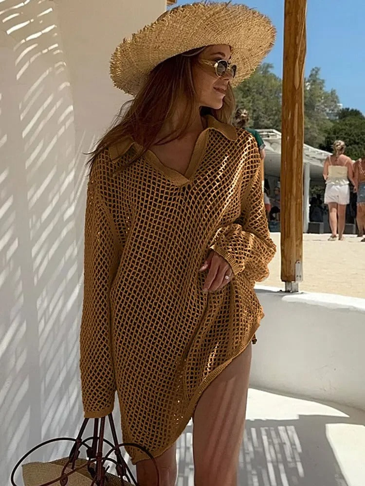 Brown Openwork Knitted Beach Dress