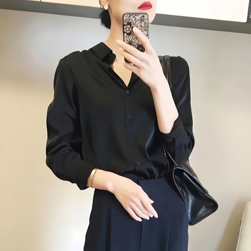 Black Satin Turn-Down Collar Shirt