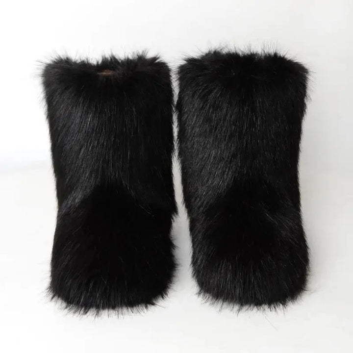 Black Luxury Winter Snow Boots with Fluffy Fur