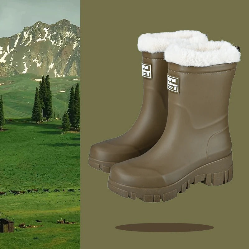 Brown Waterproof Platform Wellington Boots with Plush Lining