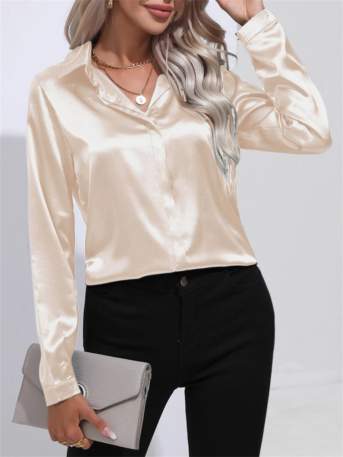 Champagne Satin Blouse with Collar and Button