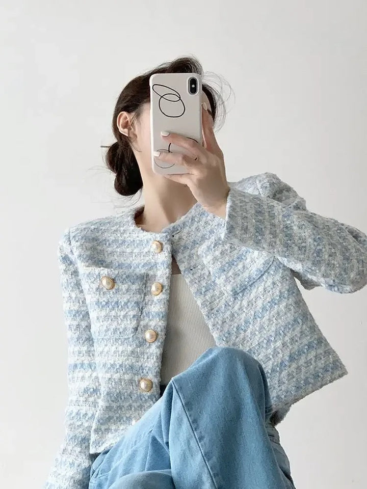 Blue Tweed Cardigan Jacket with Pockets