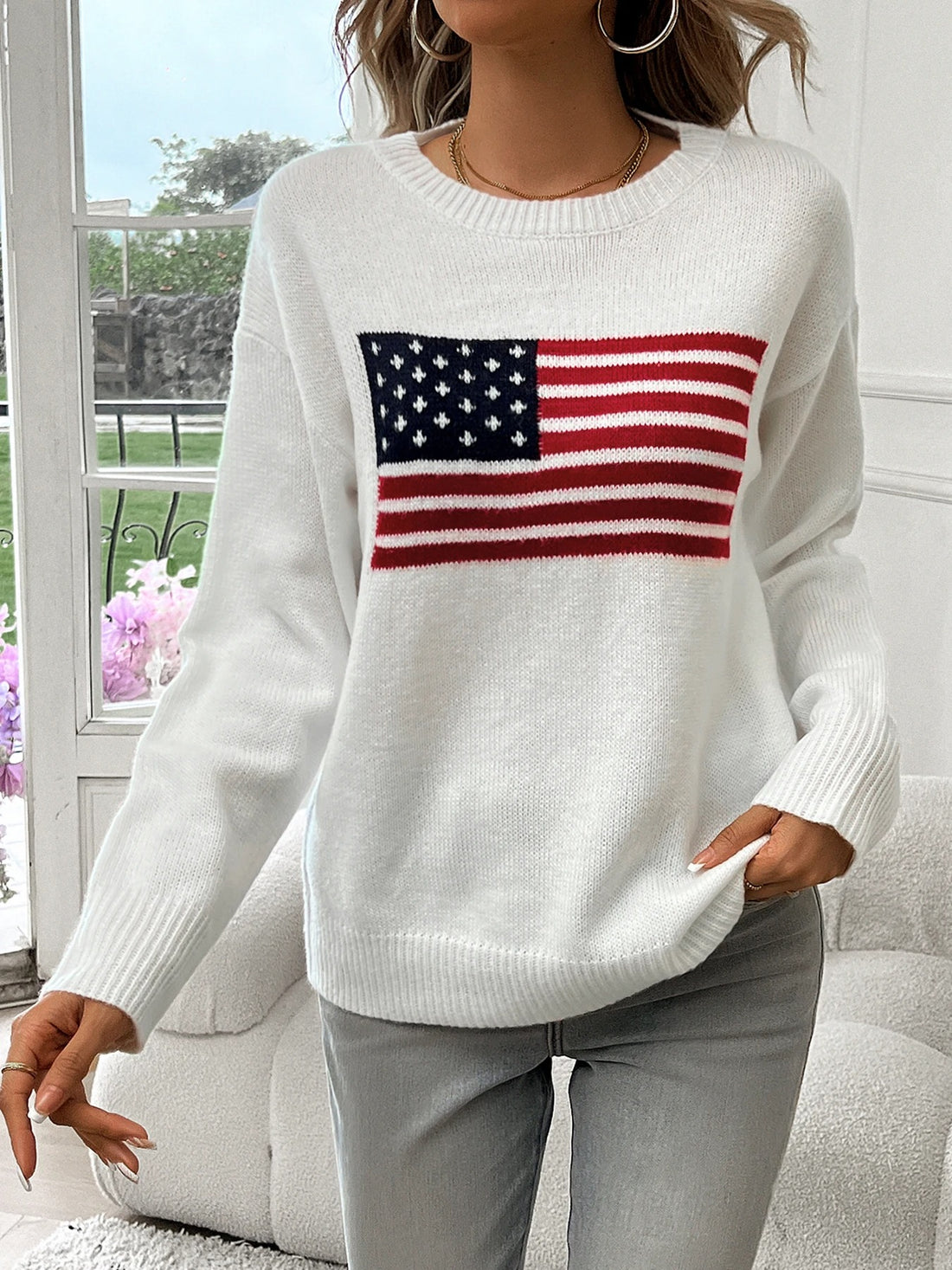 White American Flag Round Neck Sweater