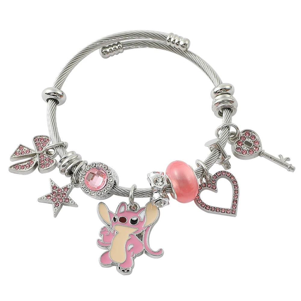 Silver Bracelet with Pink Crystals and Stitch Charms