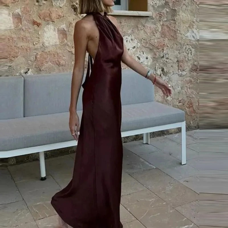 Brown Satin Halter Open Back Dress